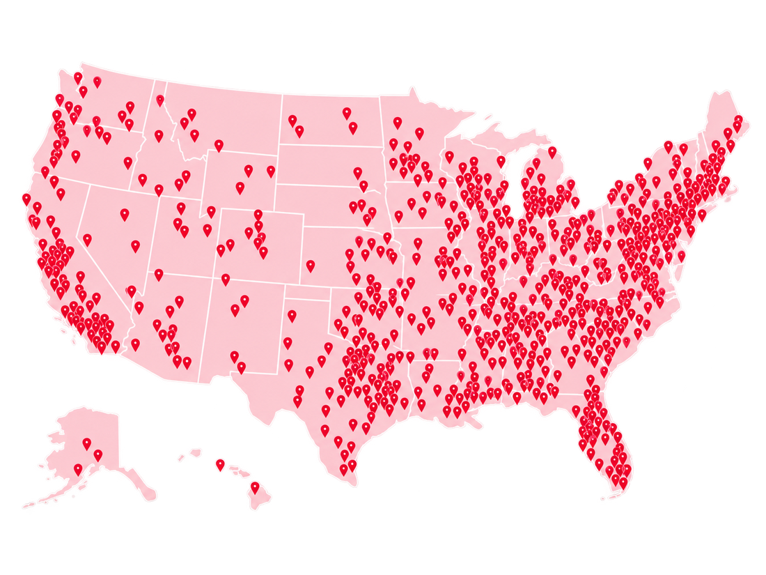 Map of the United States showing Peach Perfect retail locations