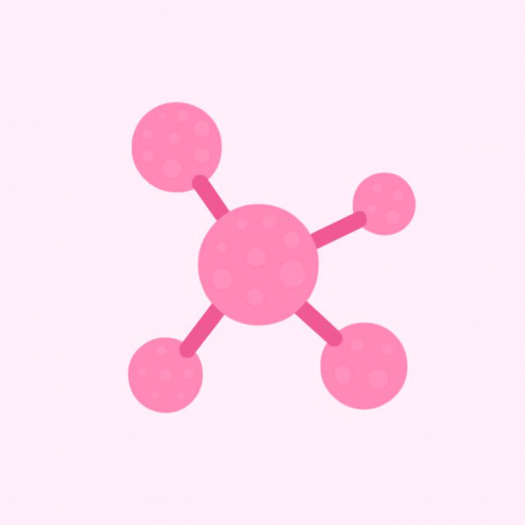 Flat-style 3D pink molecule graphic symbolizing the Myo-Inositol and D-Chiro Inositol blend that supports hormonal balance at the cellular level.