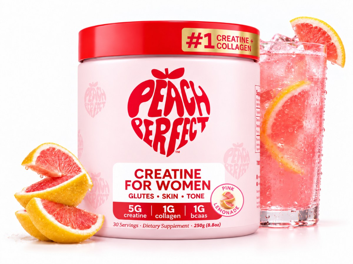 Peach Perfect Creatine for Women, Pink Lemonade, with a glass of pink lemonade