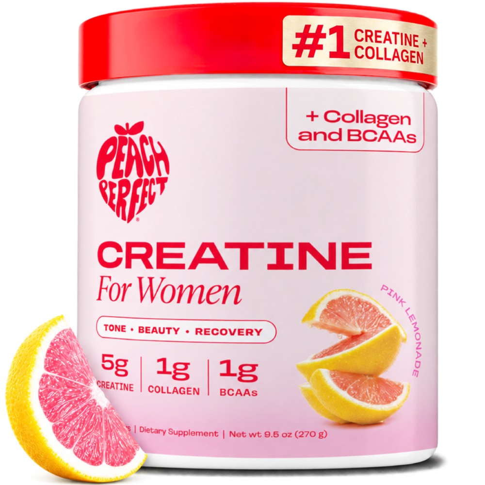 Peach Perfect Creatina para Mujeres, Pink Lemonade, 5g de creatina, 1g de colágeno, 1g de BCAAs