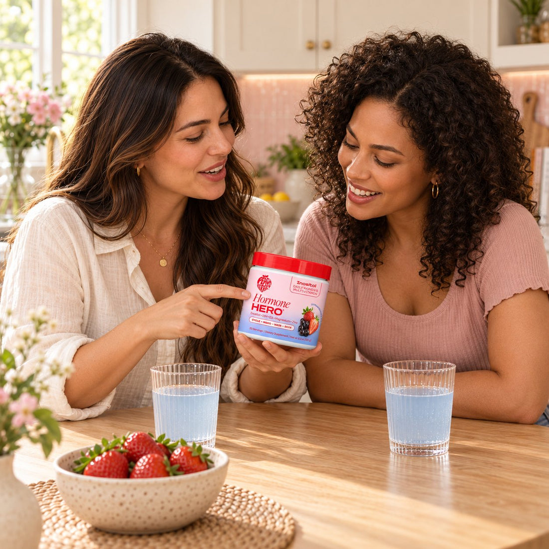 Two women at a sunny kitchen table looking at a jar of Peach Perfect Hormone Hero
