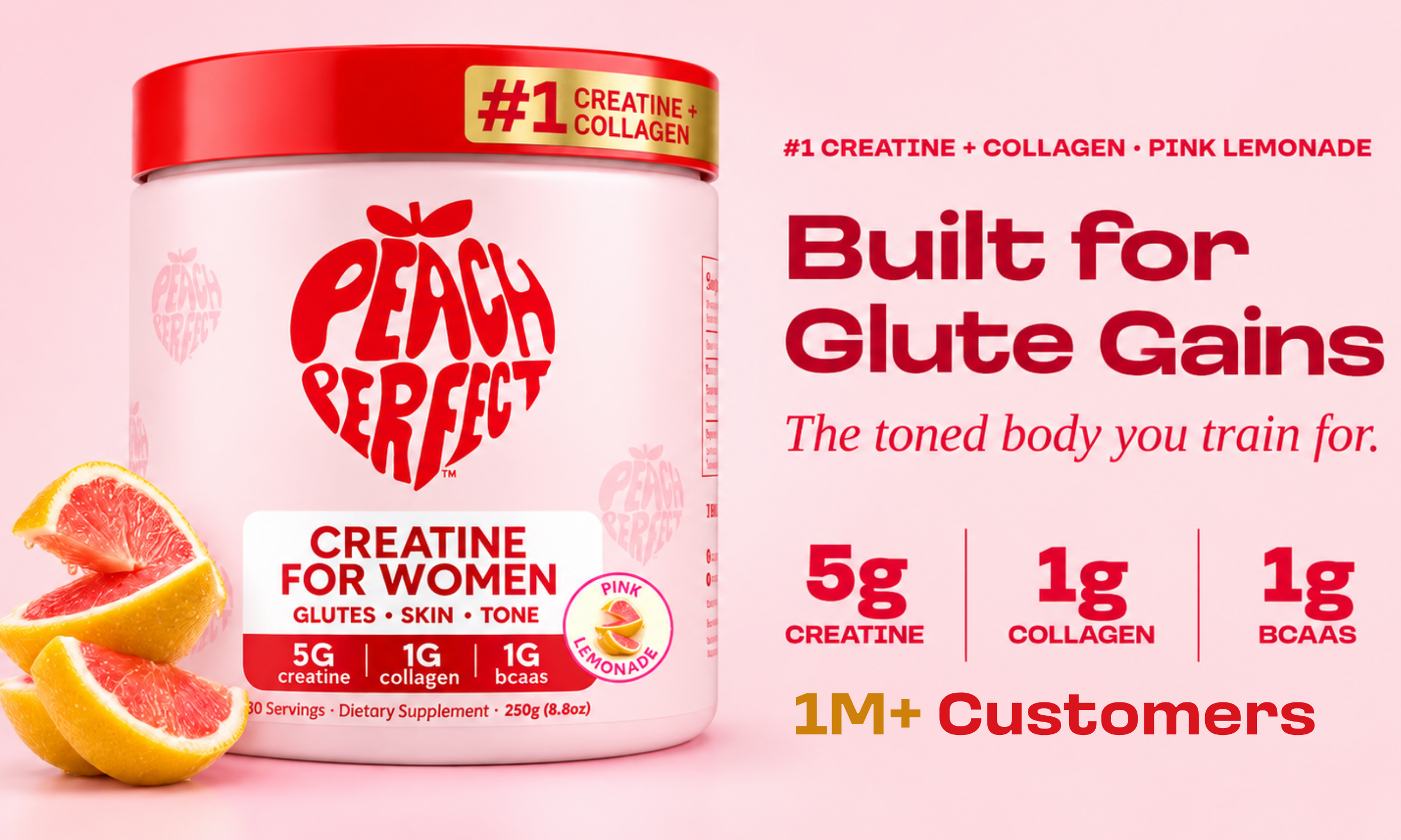 Peach Perfect Creatine for Women, Pink Lemonade. #1 Creatine + Collagen. Built for Glute Gains. 5g creatine, 1g collagen, 1g BCAAs. 1M+ Customers