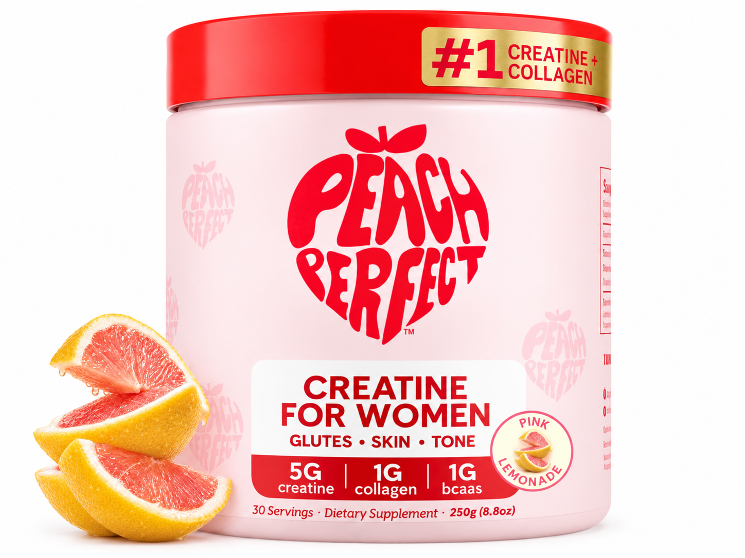Peach Perfect Creatine for Women, Pink Lemonade, 5g creatine, 1g collagen, 1g BCAAs